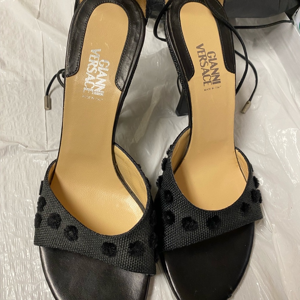 Versace Black Satin Open-Toe Ankle-Tie Heels